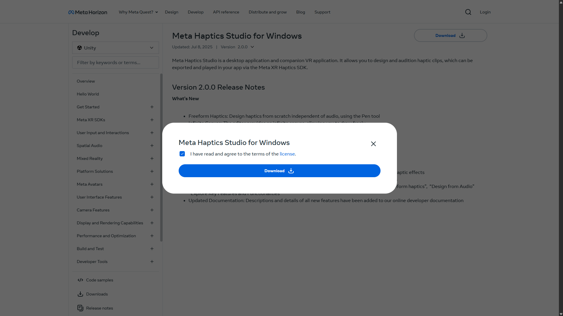 Clicking the download button for the Meta Haptics Studio for Windows installer.
