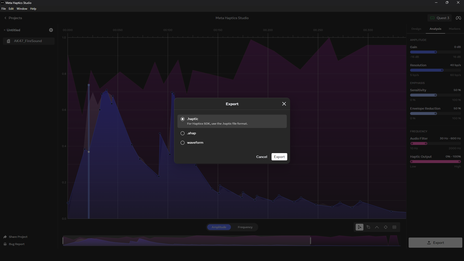 The ‘Save As’ dialog box in Meta Haptics Studio, where the user is naming and saving the final .haptic file.
