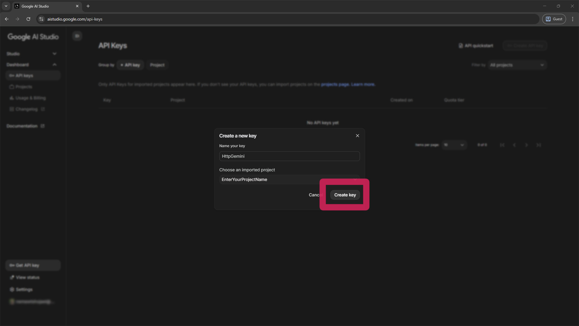 Finalizing the Gemini API key creation by clicking ‘Create key’.