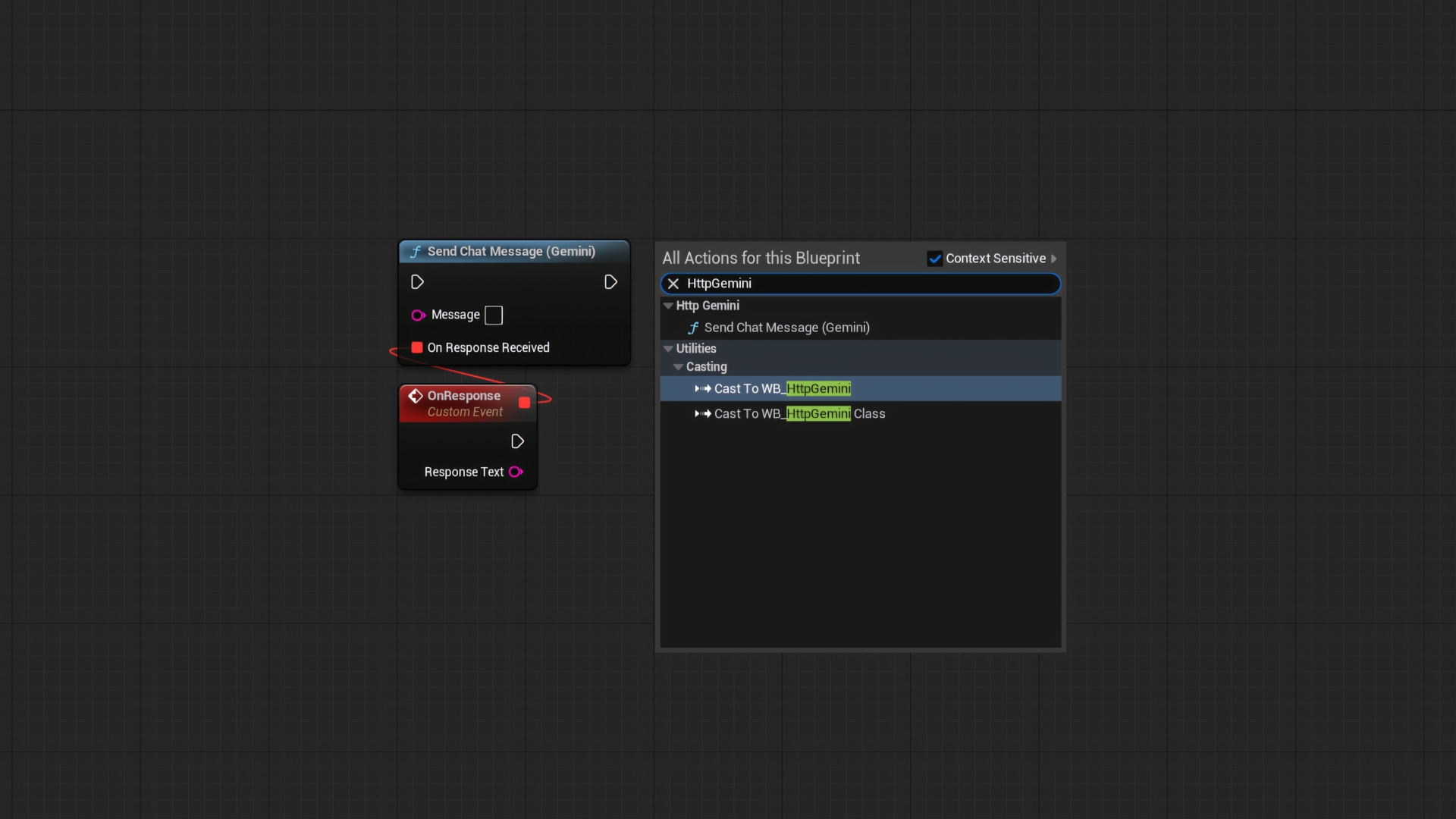 Blueprint graph showing the HttpGemini 'Send Chat Message' node in Unreal Engine