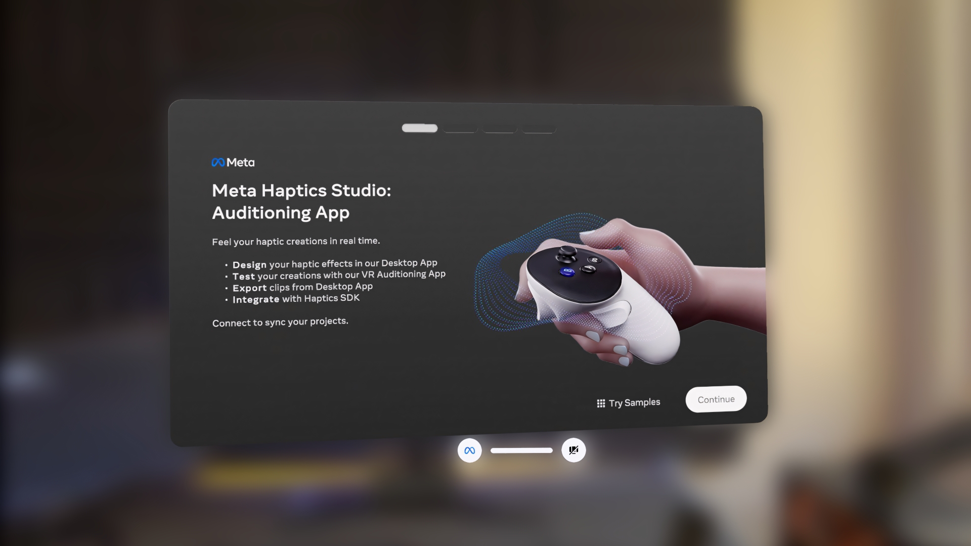 The main menu of the Meta Haptics Studio Auditioning App running on a Meta Quest headset.