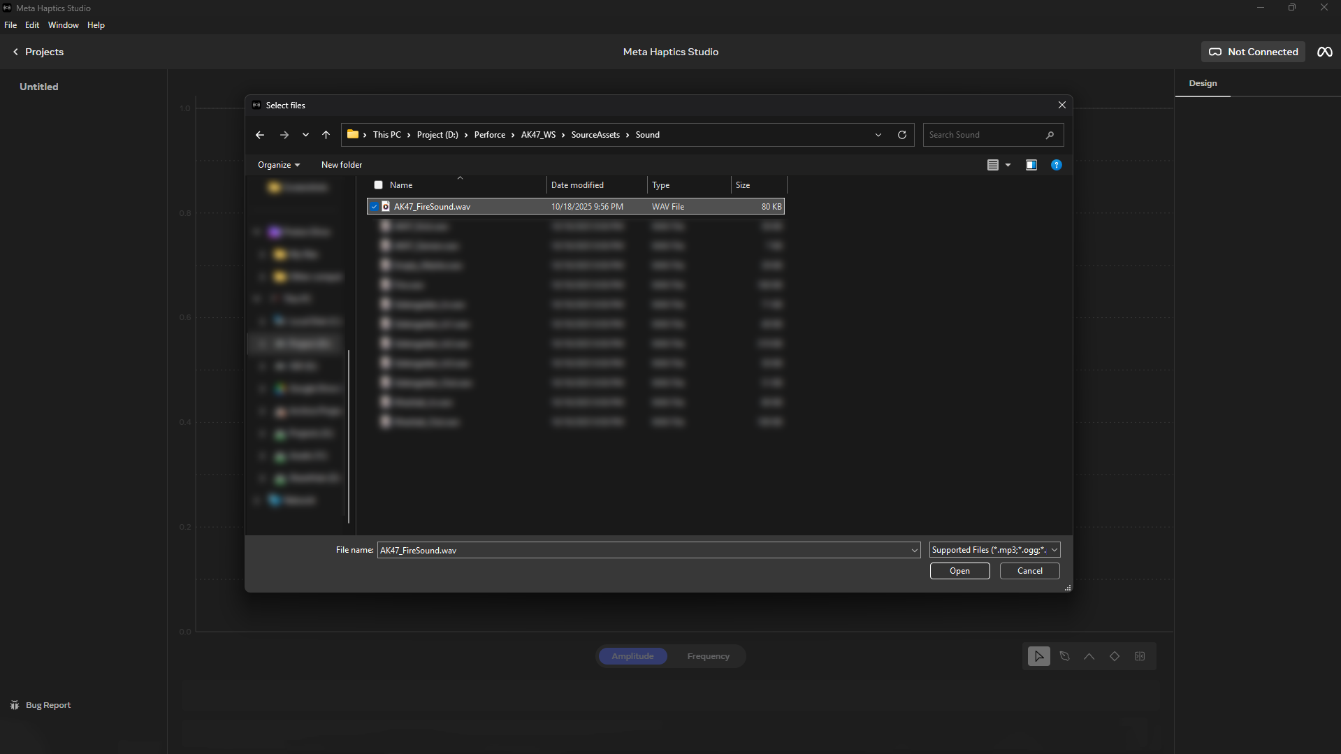 A file explorer window opening a .wav audio file to be imported into Meta Haptics Studio.