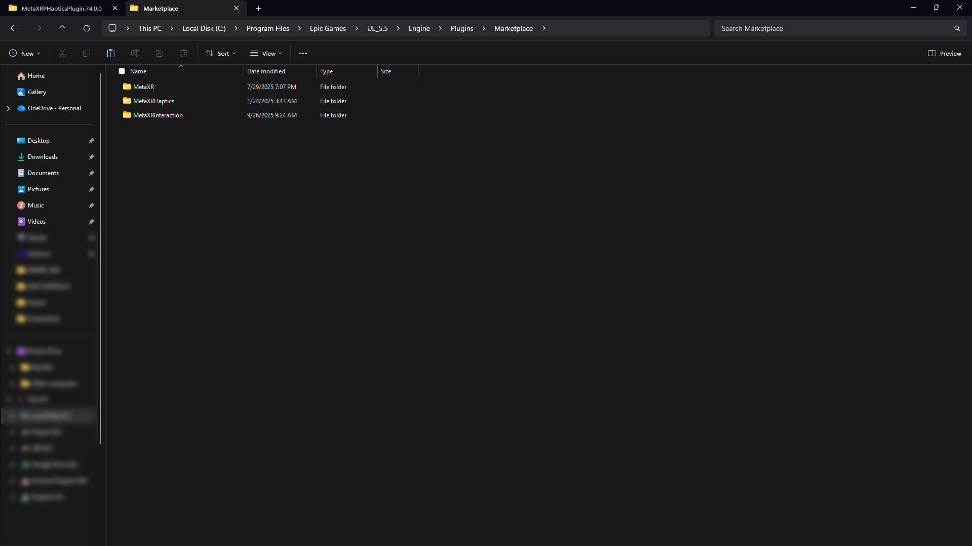 Pasting the ‘MetaXRHaptics’ folder into the ‘Plugins’ directory of an Unreal Engine project.