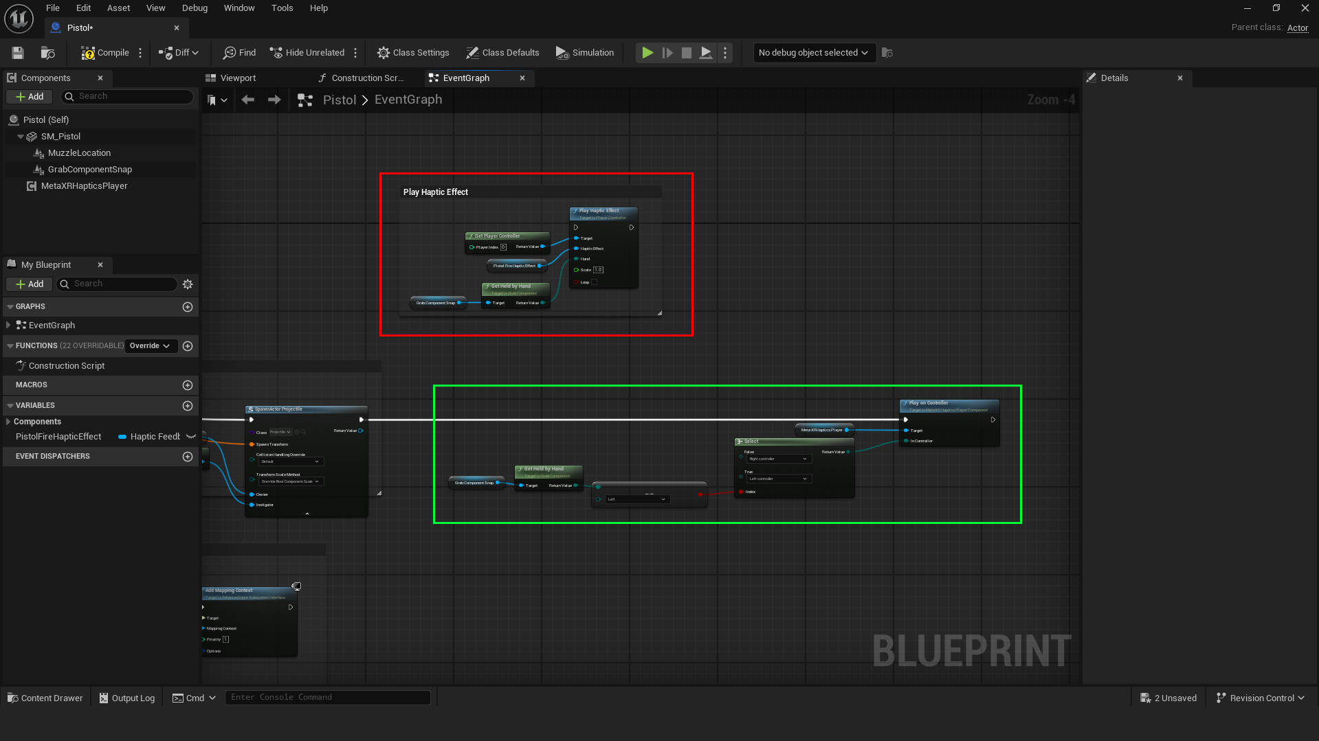The Blueprint Event Graph in Unreal Engine, showing the execution flow connected to the ‘Play On Controller’ node from the MetaXRHapticsPlayer component.