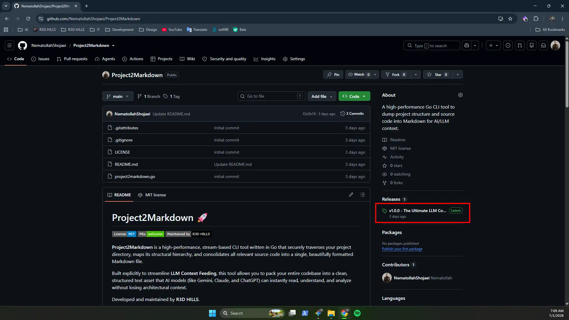 GitHub Releases section for Project2Markdown